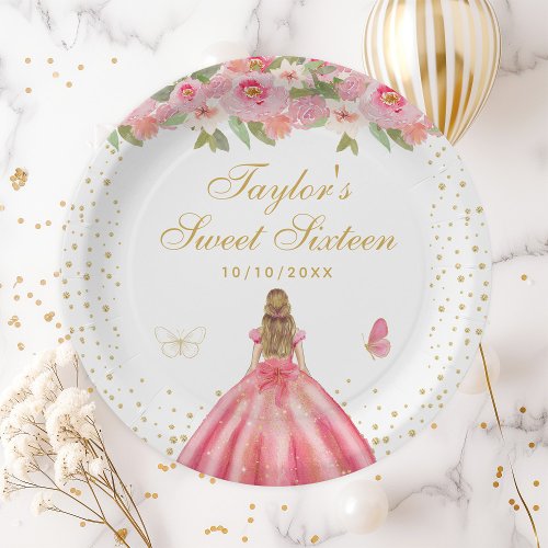 Pink Floral Blonde Hair Princess Sweet Sixteen Paper Plates