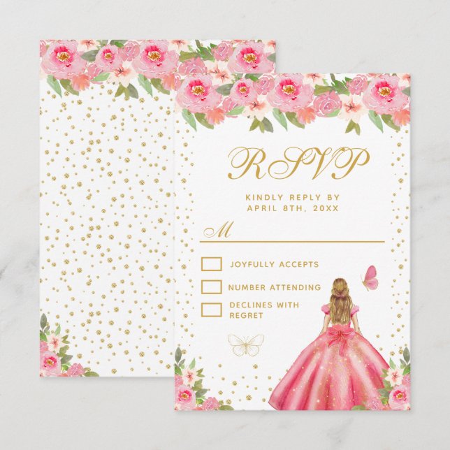 Pink Floral Blonde Hair Princess Sweet Sixteen RSVP Card (Front/Back)