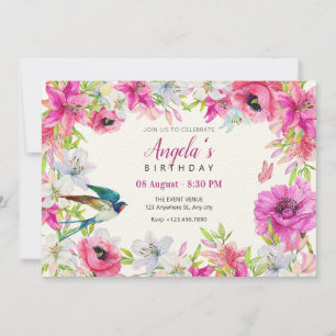 Pink floral bloom artistic birthday invitation