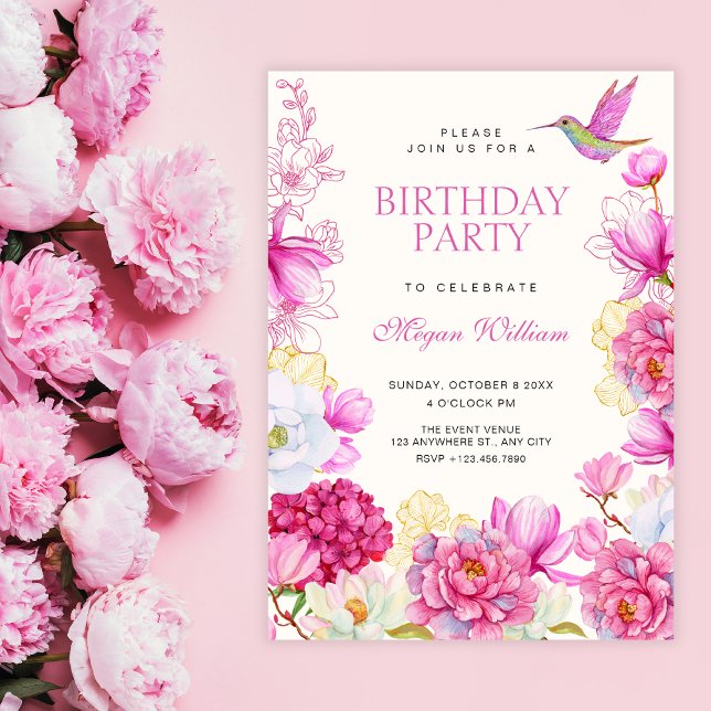 Pink floral bloom birthday invitation (Creator Uploaded)