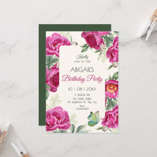Pink floral bloom birthday invitation
