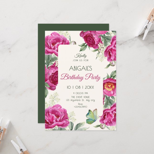 Pink floral bloom birthday invitation (Front/Back In Situ)