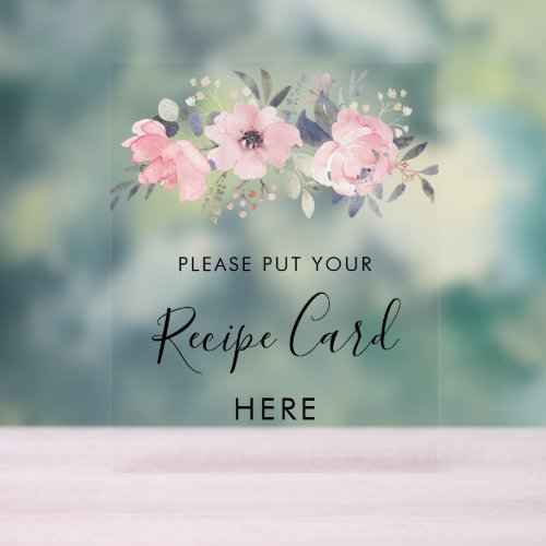 Pink Floral Bloom Bridal Shower Recipe Card Acrylic Sign