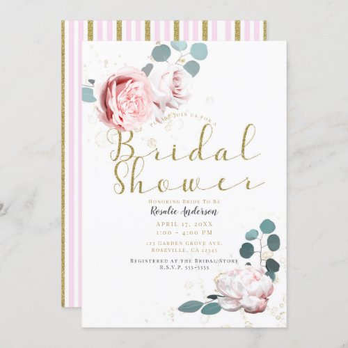 Pink Floral Bloom Gold Watercolor Bridal Shower Invitation