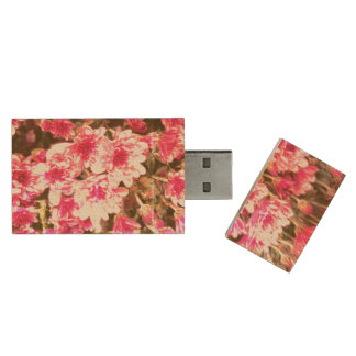 Pink Floral Bloom Pattern – Soft Botanical Design Wood Flash Drive