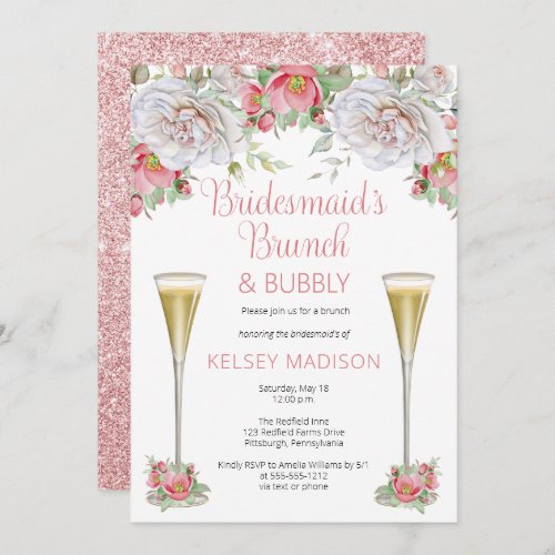 Pink Floral Blooms Bridesmaids Brunch  Bubbly Invitation