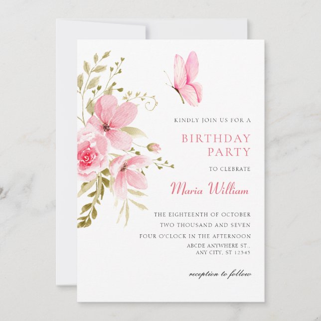 Pink Floral blossom birthday Invitation (Front)