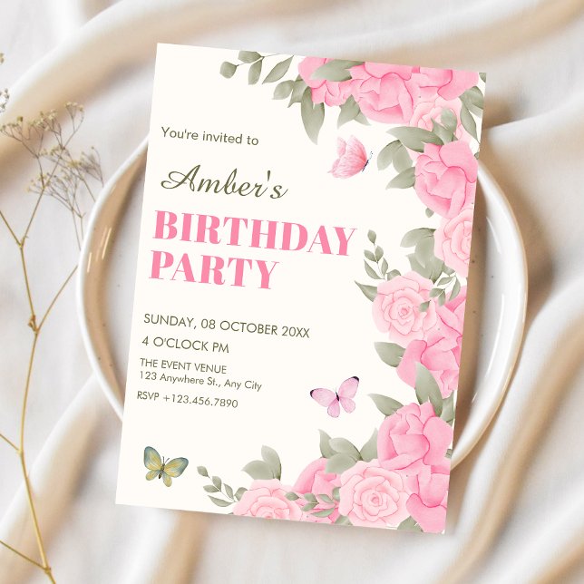 Pink floral blossom birthday invitation (Creator Uploaded)