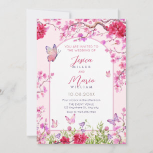 Pink floral blossom butterflies wedding Invitation