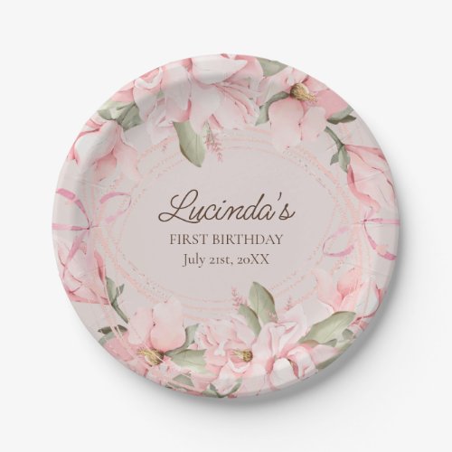 Pink Floral Blossom Girl Birthday Paper Plate