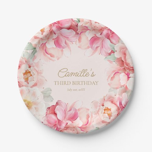 Pink Floral Blossom Girl Birthday Paper Plate