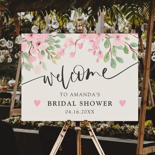 Pink floral blossom script bridal shower welcome  foam board