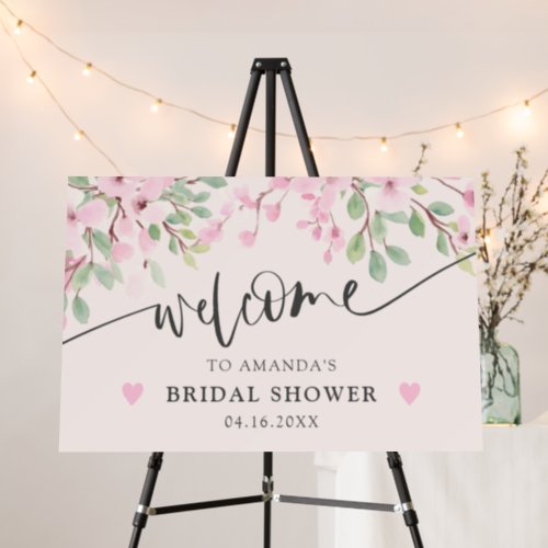 Pink floral blossom script bridal shower welcome foam board