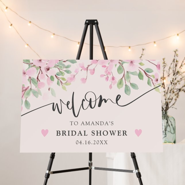 Pink floral blossom script bridal shower welcome foam board (In Situ (Stand))