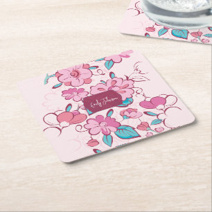 Pink Floral Blossom Script Name Paper Coaster