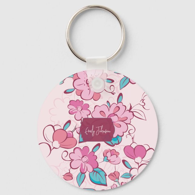 Pink Floral Blossom Script Name Paper Coaster Keychain (Front)