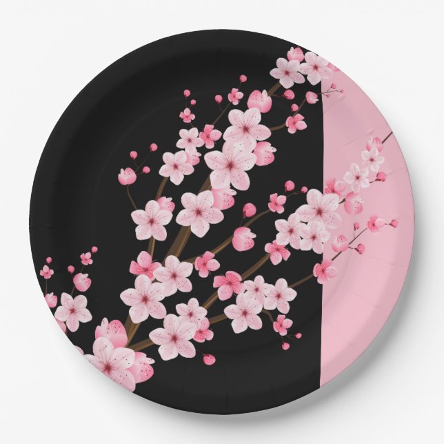 Pink Floral Blossoms Black & Pink Towel Paper Plates (Front)