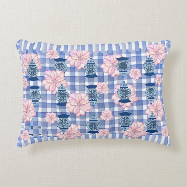 Pink Floral Blue Ginger Jars Lumbar Accent Pillow (Front)
