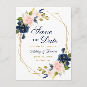 Pink Floral Blue Gold Frame Save the Date Postcard