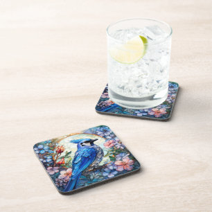 Pink Floral Blue Jay Bird Stained Glass Beverage Coaster