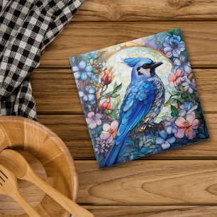 Pink Floral Blue Jay Bird Stained Glass Ceramic Tile