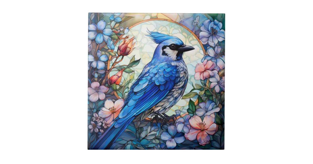 Pink Floral Blue Jay Bird Stained Glass Ceramic Tile