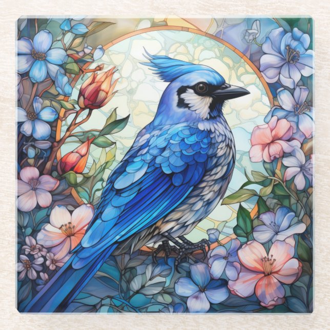 Pink Floral Blue Jay Bird Stained Glass Coaster (Front)