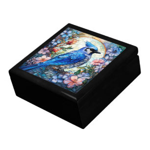 Pink Floral Blue Jay Bird Stained Glass Gift Box
