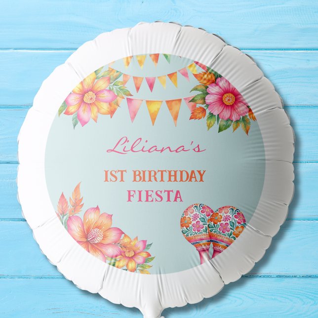 Pink Floral Blue Mexican Fiesta 1st Birthday Balloon (Creator Uploaded)