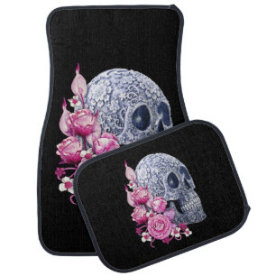 Pink Floral Blue Sugar Skull Day Of The Dead Car Floor Mat