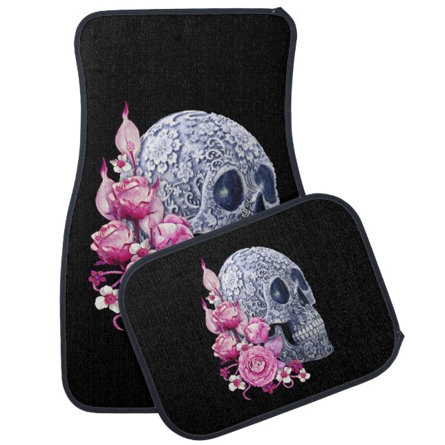 Pink Floral Blue Sugar Skull Day Of The Dead Car Floor Mat (Set)