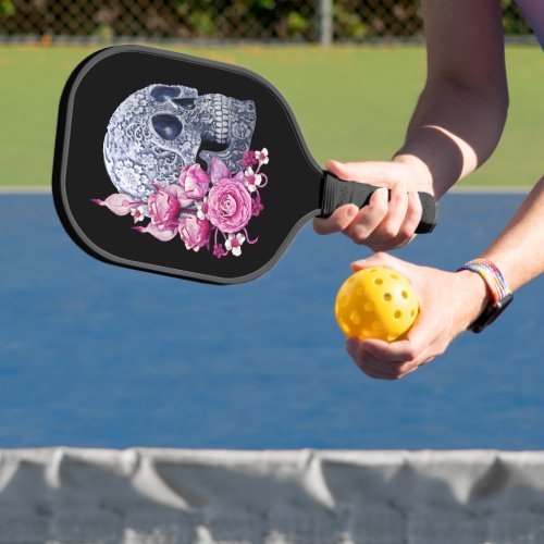 Pink Floral Blue Sugar Skull Day Of The Dead Pickleball Paddle