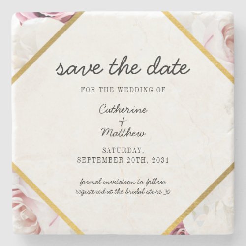 Pink Floral Blush Geometric Save The Date Stone Coaster