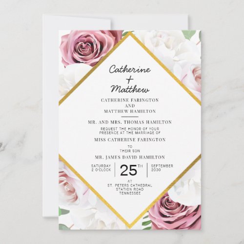 Pink Floral Blush Gold Geometric Wedding Invitation