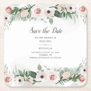 Pink Floral Blush Trendy Watercolor Save The Date Square Paper Coaster