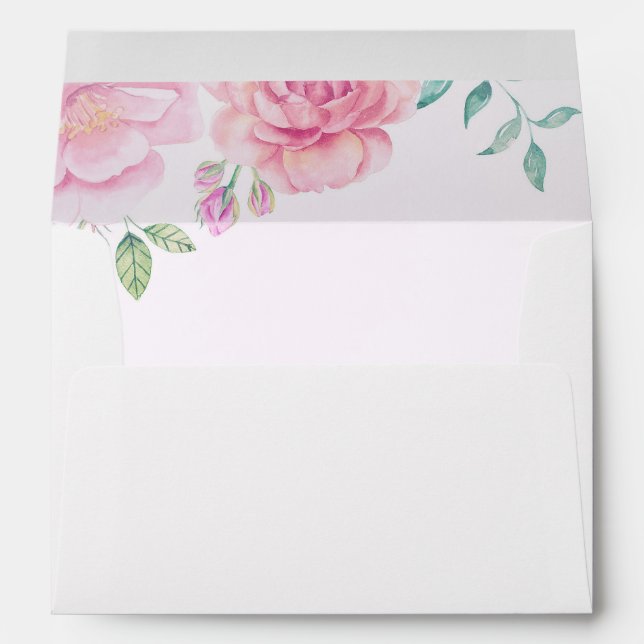 Pink Floral Bohemian Watercolors White Wedding Envelope (Back (Bottom))