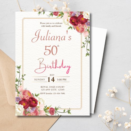 Pink Floral Boho 50th Birthday Party Invitation