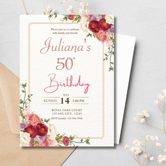 Pink Floral Boho 50th Birthday Party Invitation (Creator Uploaded)