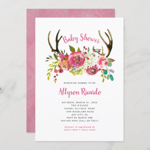 Pink Floral Boho Antlers Baby Shower Invitation