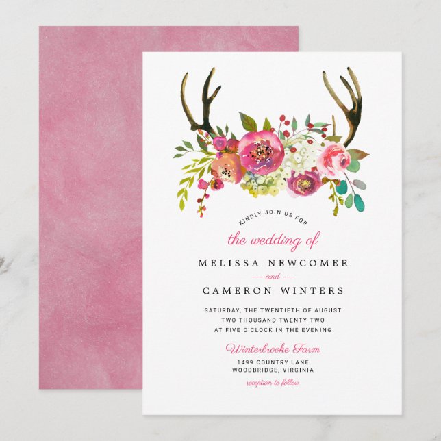 Pink floral boho antlers wedding invitation (Front/Back)