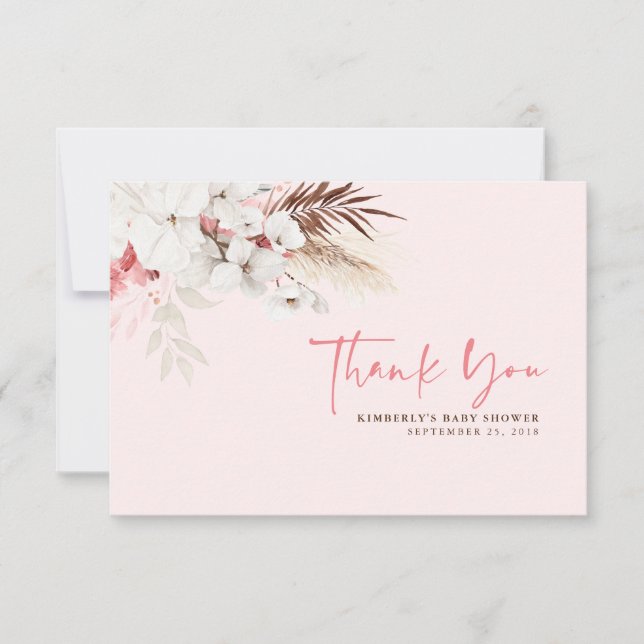 Pink Floral Boho Baby Shower Thank You Card (Front)