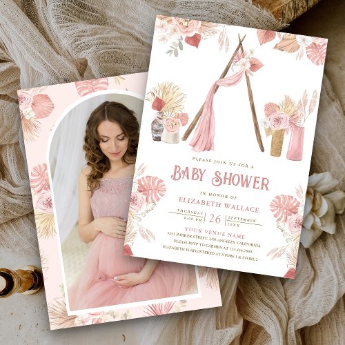 Pink Floral Boho Beach Arbor Photo Baby Shower Invitation