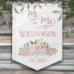 Pink Floral Boho Chic Mr. & Mrs. Wedding Pennant<br><div class="desc">This pennant flag is beautiful, stylish, and fun. Designed to celebrate the newlyweds, it features an elegant boho chic design with a cluster of hand painted watercolor roses, blossoms, and garden foliage in shades of blush pink, coral, and mauve. The elegant script text reads: Mr. and Mrs. with the couple's...</div>