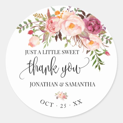 Pink floral boho chic wedding thank you classic round sticker