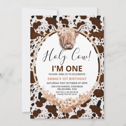 Pink Floral Boho Cow Print Highland Cow Birthday Invitation | Zazzle