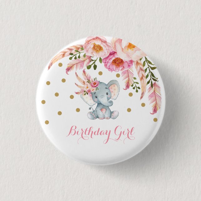 Pink Floral Boho Elephant 1st Birthday Party Favor Button (Front)