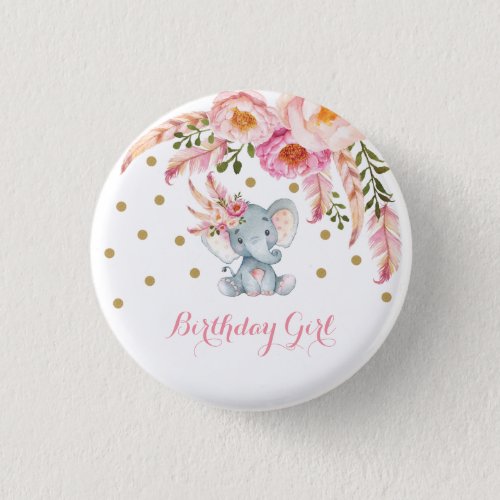Pink Floral Boho Elephant 1st Birthday Party Favor Button
