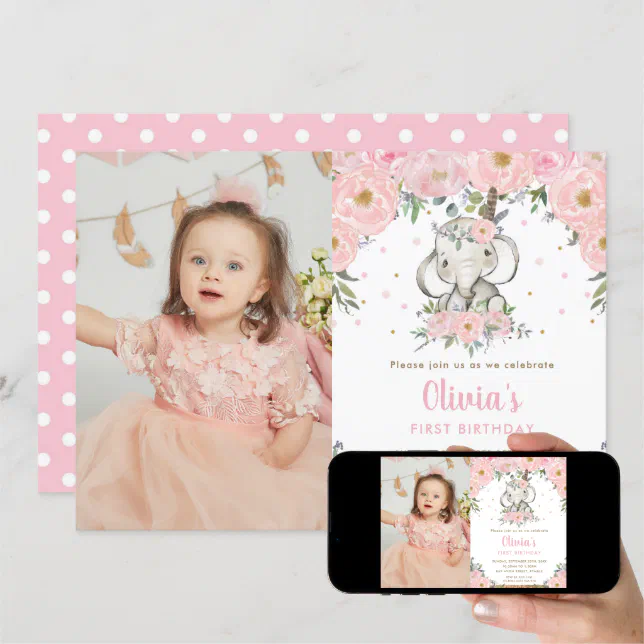 Pink Floral Boho Elephant Girl 1st Birthday Photo Invitation | Zazzle