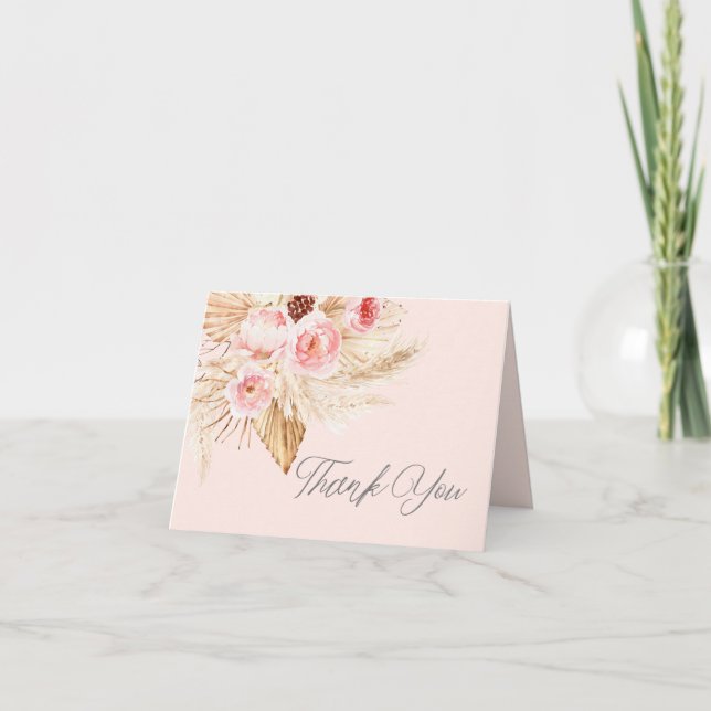 Pink floral Boho Pampas Chic Baby Girl Shower Thank You Card (Front)