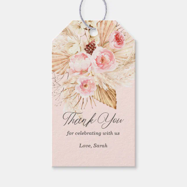 Pink floral boho pampas grass baby girl shower gift tags | Zazzle
